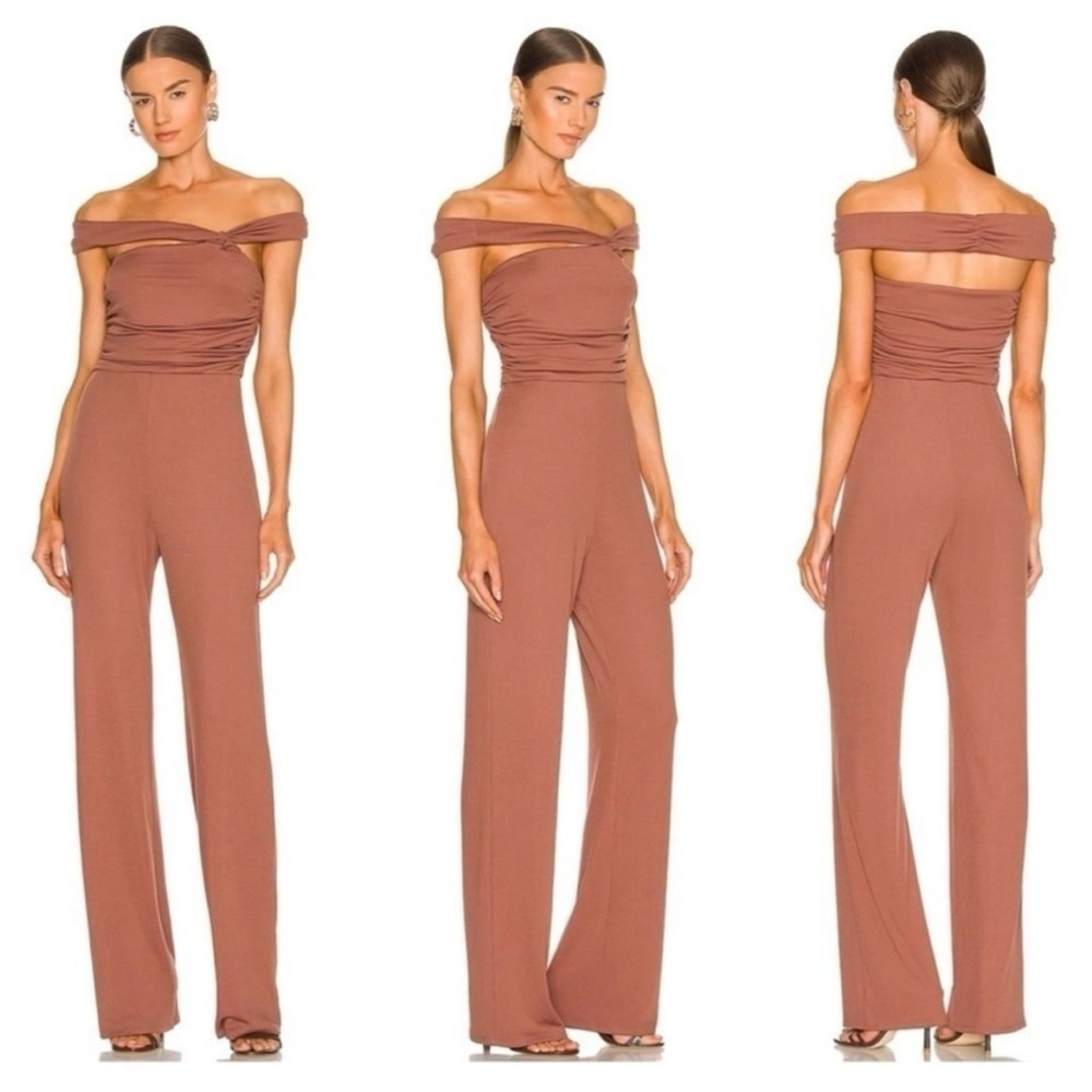 Camila Coelho Off-Shoulder Jumpsuit in Brown
